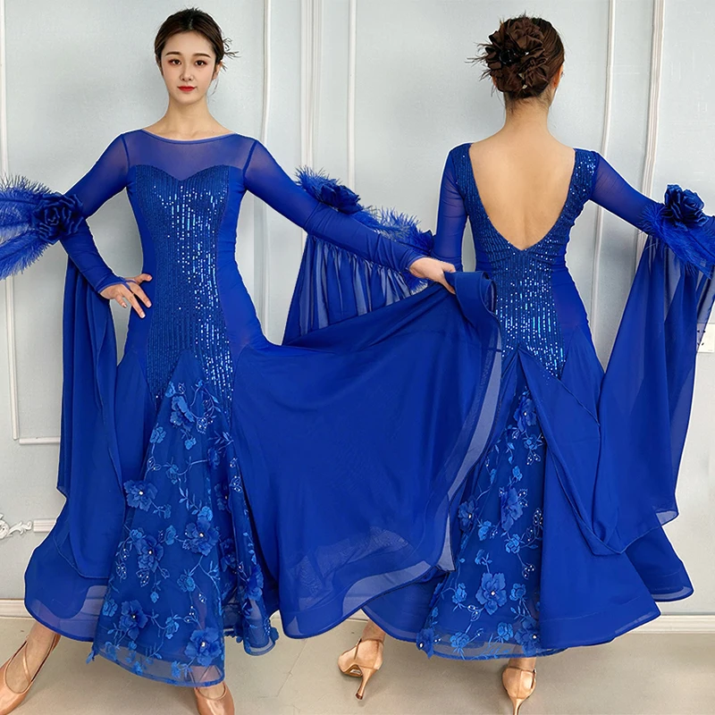 

Blue Ballroom Dancing Dress Women Standard Modern Dance Competition Dress Waltz Performance Clothes Dance Show Stage Wear 3287