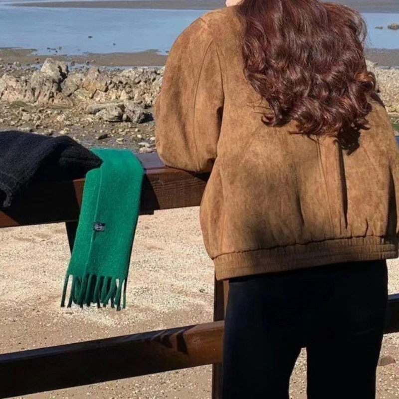 Retro Loose Deerskin Lapel Zipper Jacket 2025 Autumn and Winter Fashion Motorcycle Women's Jacket