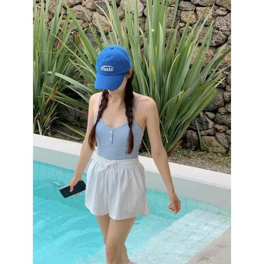 2023 Korean Swimsuit Women\'s White Triangular Letter Sports Minimalist Blue Solid Holiday Hot Spring One Piece Swimsuit Women