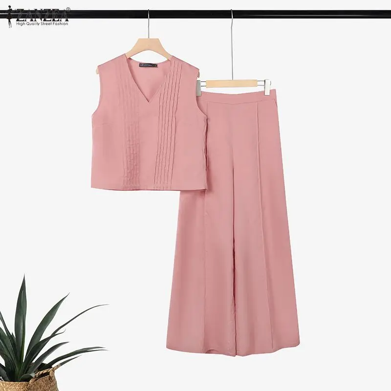

2026 ZANZEA Summer Sleeveless Tank Tops Pant Sets Stylish Women 2 Piece Sets Elegant Casual Solid Color OL Work Outfit Tracksuit