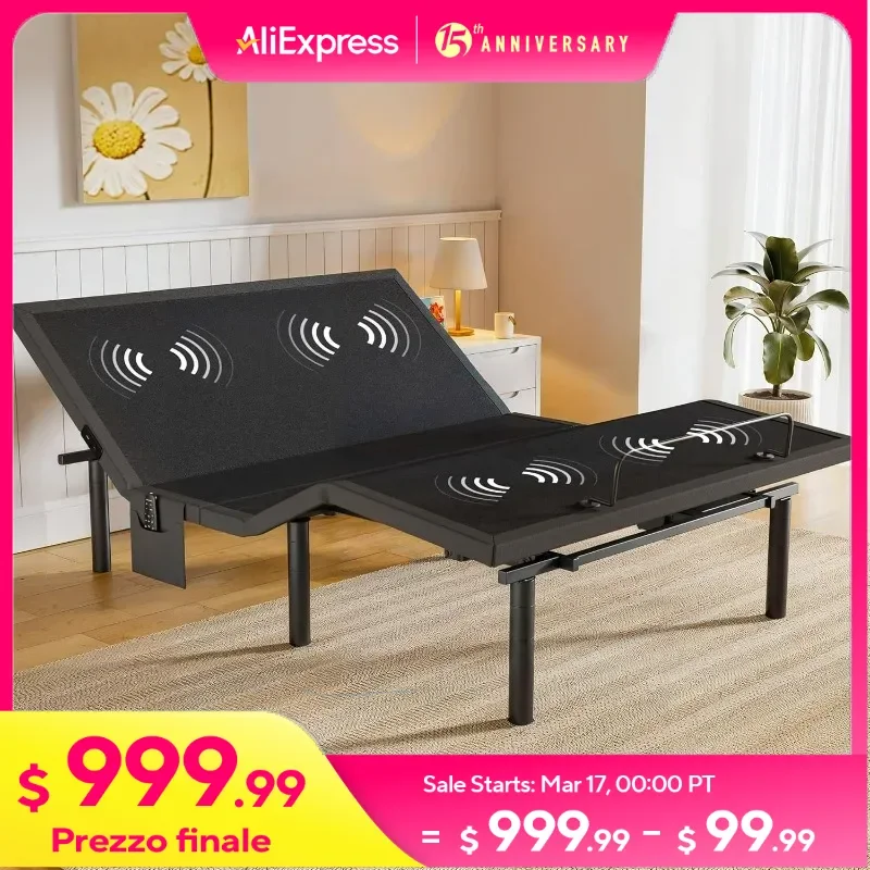 

Adjustable Bed Frame with Massage, Queen Adjustable Bed Base with 4 USB Ports & Under-Bed Night Light, Head & Foot Incline