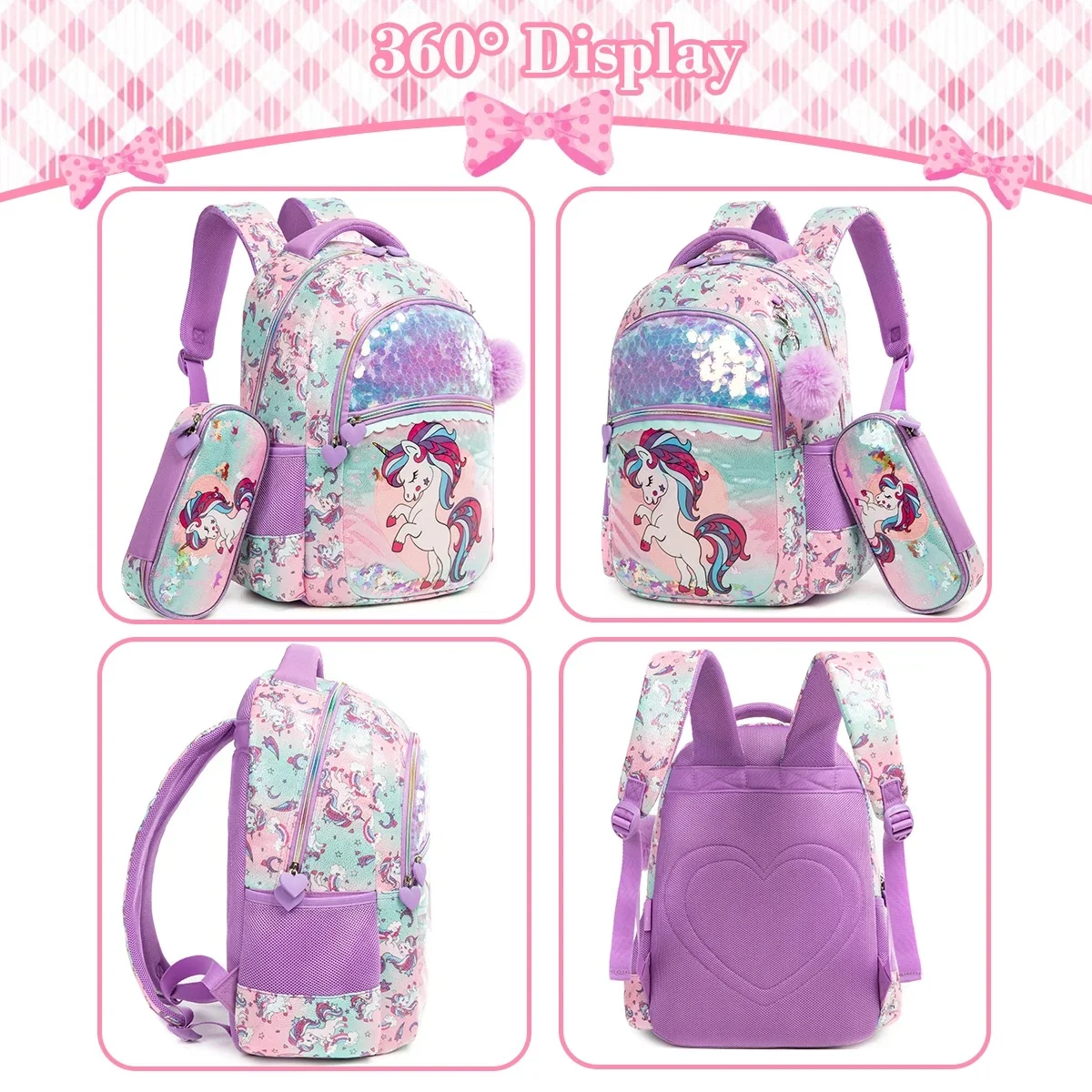 Mermaid Print Sequined Backpack Set, 3-Piece Glitter Travel Bag Combo with Pencil Case Lunch Tote