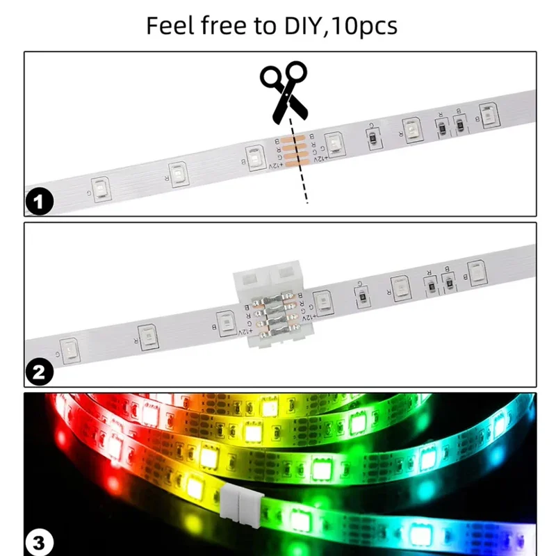 10 PCS 4-pin 10mm L Shape LED Strip Solderless Connector For 5050/3528 RGB Strip PCB No Soldering Corner Connector Strip