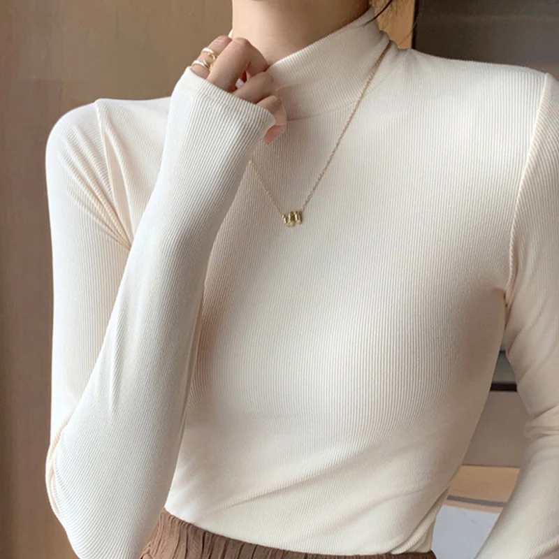 Women's Ribbed Knitted Thermal Bottoming Shirts Autumn Winter Simple Solid Color O-Neck Shirts Women Basic Casual Stretch Top