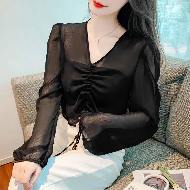 Summer New Thin Chiffon Blouse Long Sleeve Solid Color V Neck Drawstring Short All-match Shirt Tops Casual Fashion Women Clothes