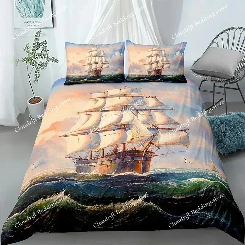 3D Sailboat Duvet Cover Set Nautical Bedding Set Sailing Ship Comforter Wooden Boat Pirate Yacht Adventure Theme Quilt Cover
