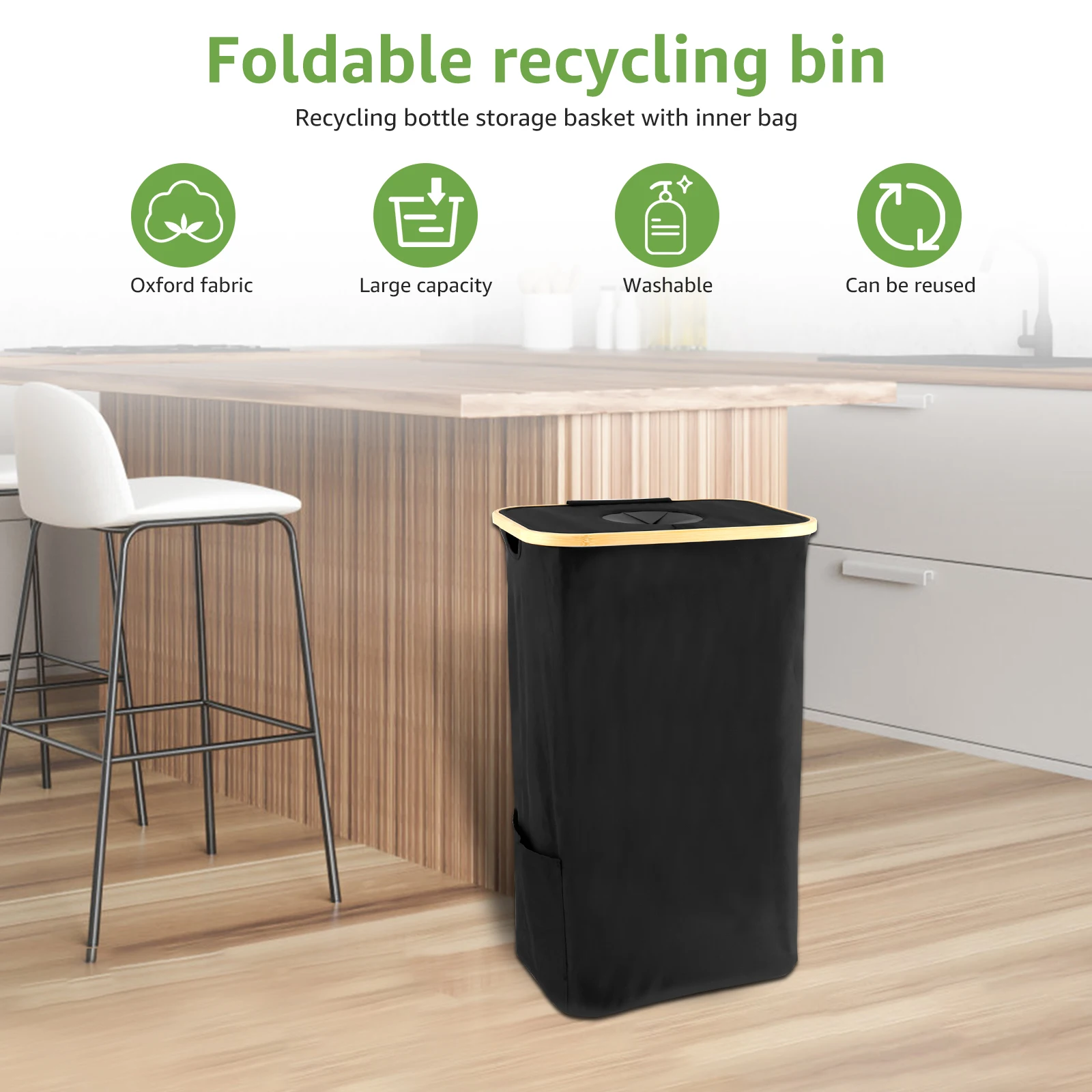 1/2Set 105L Recycling Bin Foldable Large Recycling Storage Box with Reusable Inner Bag for Collecting Bottles Cans Glass Cartons