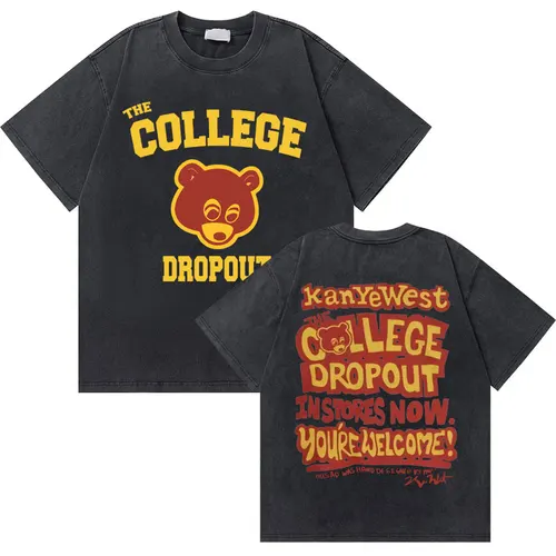 Imagen 2 del producto Camiseta con gráfico de oso de graduación Kanye West de rapero Vintage lavada, Camiseta de algodón puro para hombre, camiseta de gran tamaño a la moda de Hip Hop para hombre