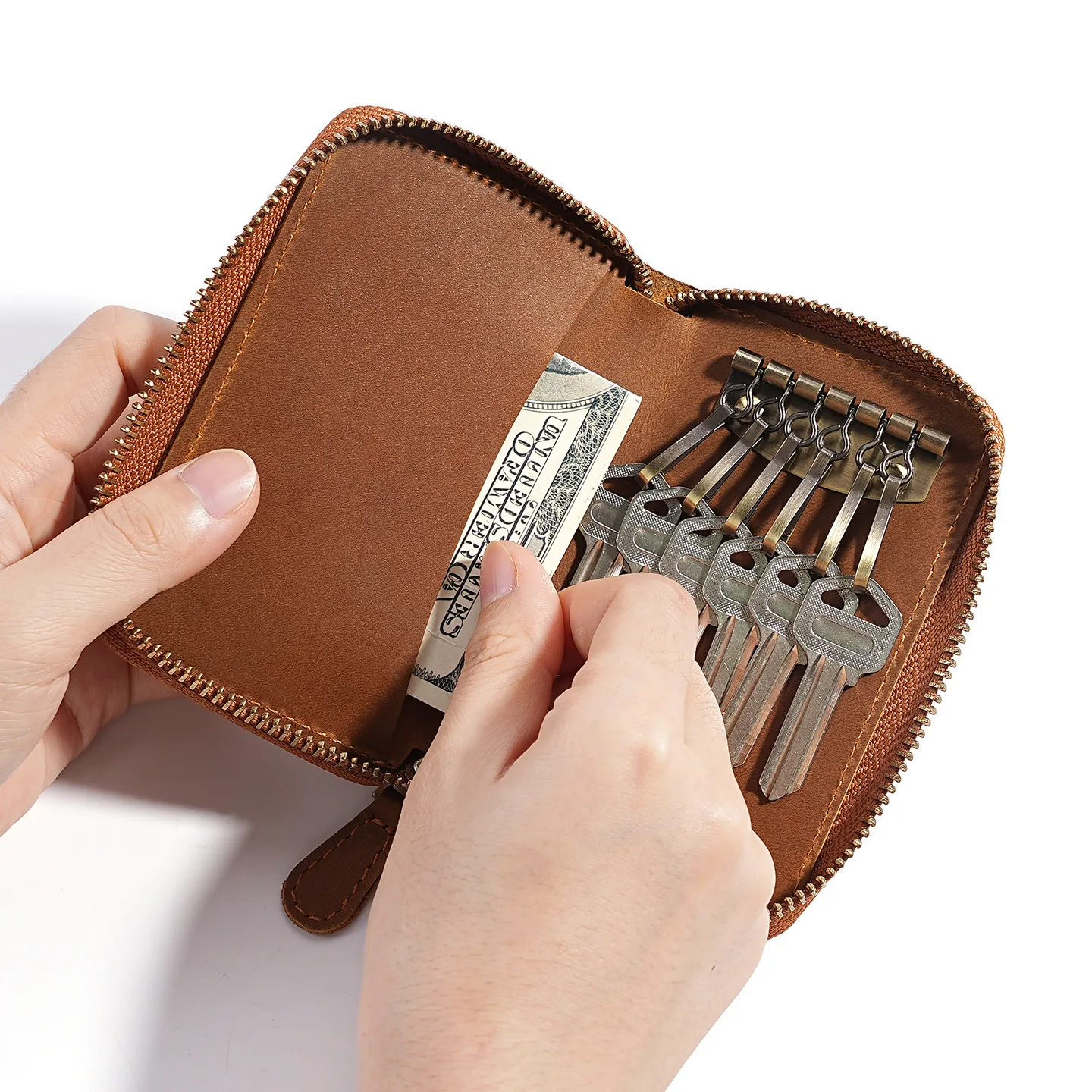 High Quality Men Genuine Leather Car Key Case Card Holder Wallet Pouch 6 Hook Snap Closure Keys Money Organizer Case Zipper