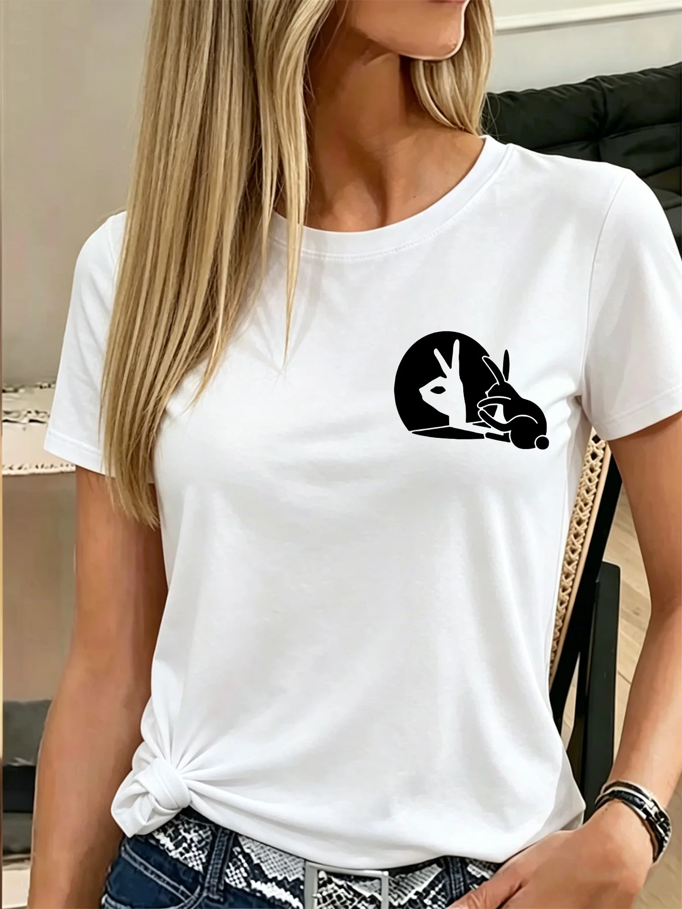 Cute Hand Shadow Rabbit Silhouette Black Graphic Art Print Ladies T Shirt Short Sleeve Crew Neck Casual Soft Daily Tee Tops