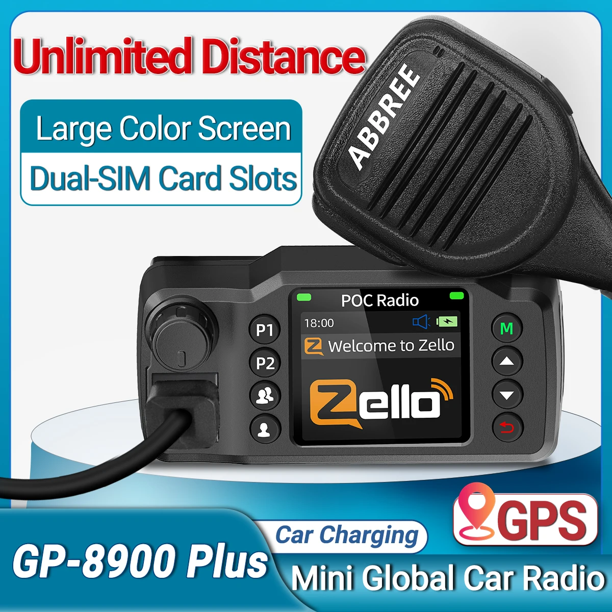 ABBREE GP-8900 Plus Mini POC Network Car Radio Zello GPS Unlimited Distance Dual SIM Fleeting Off-road Exploration Vehicle Team