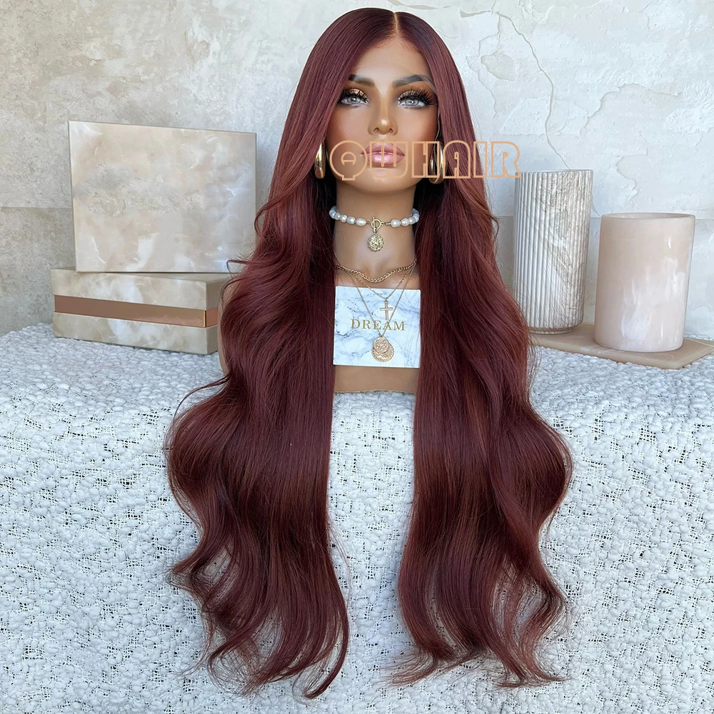 

QW Body Wave Long Synthetic Lace Front Wig 13x4 Burgundy Red Wavy Hair Lace Frontal Wigs for Women Heat Resistant Fiber Cosplay