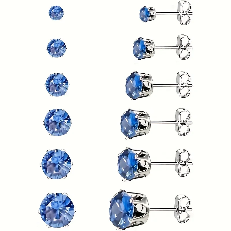 6pairs Hypoallergenic Fashion Stainless Steel Blue Cubic Zirconia Stud Earrings for Men Women Daily Wear Ear Jewelry 3-8mm