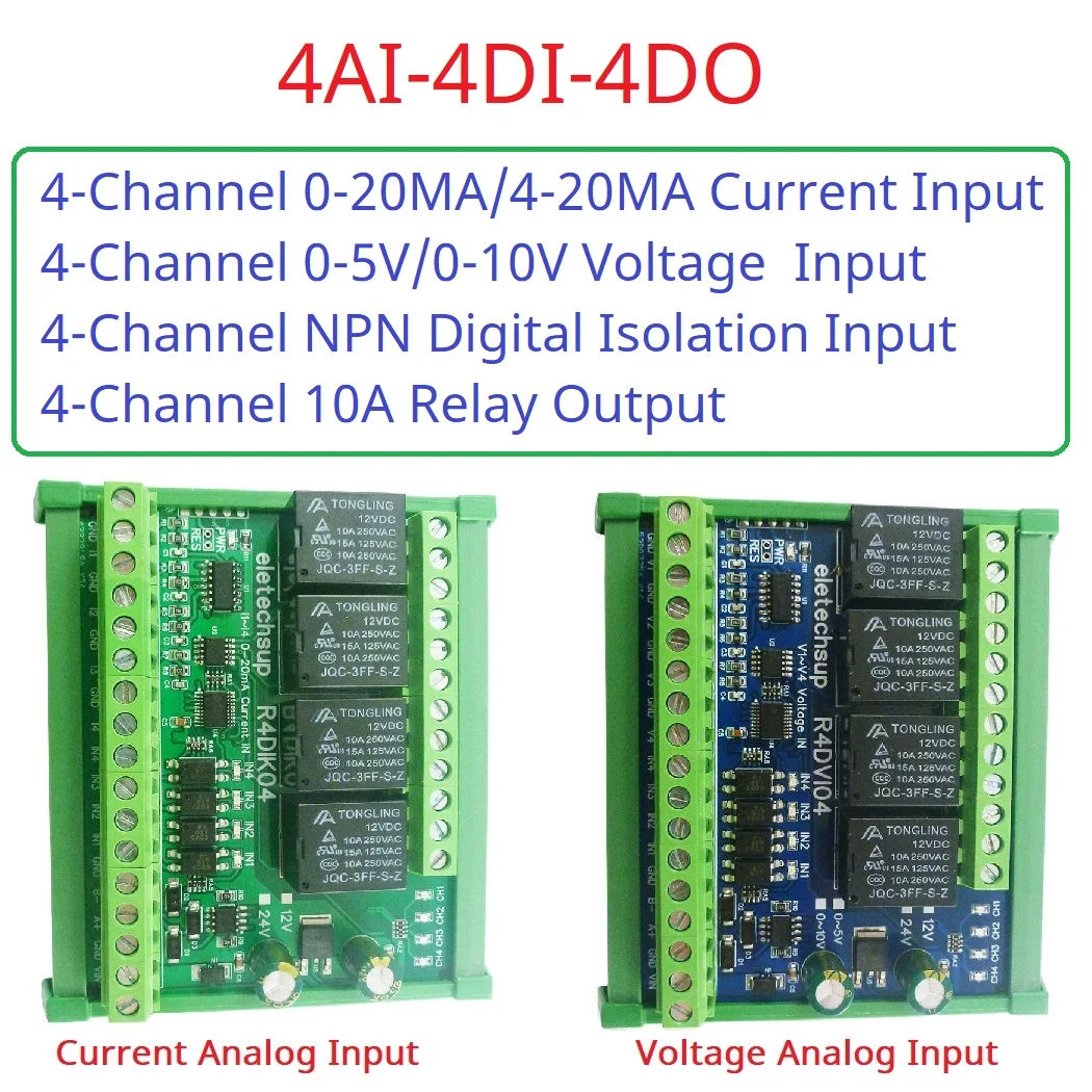 Módulo de entrada ModBus, adquisición de cantidad analógica Digital, valor de conmutación, voltaje de corriente 4-20MA 0-5V 0-10V 4AI 4DI 4DO
