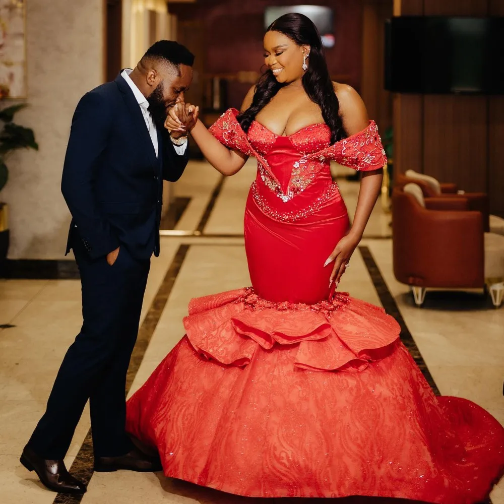 عيد الميلاد حورية البحر فساتين لحضور الحفلات الموسيقية قبالة الكتف الخرز الدانتيل المتدرج منتفخ أسفل الدانتيل فستان حفلات الزفاف Aso Ebi الجلباب دي سواريه #1