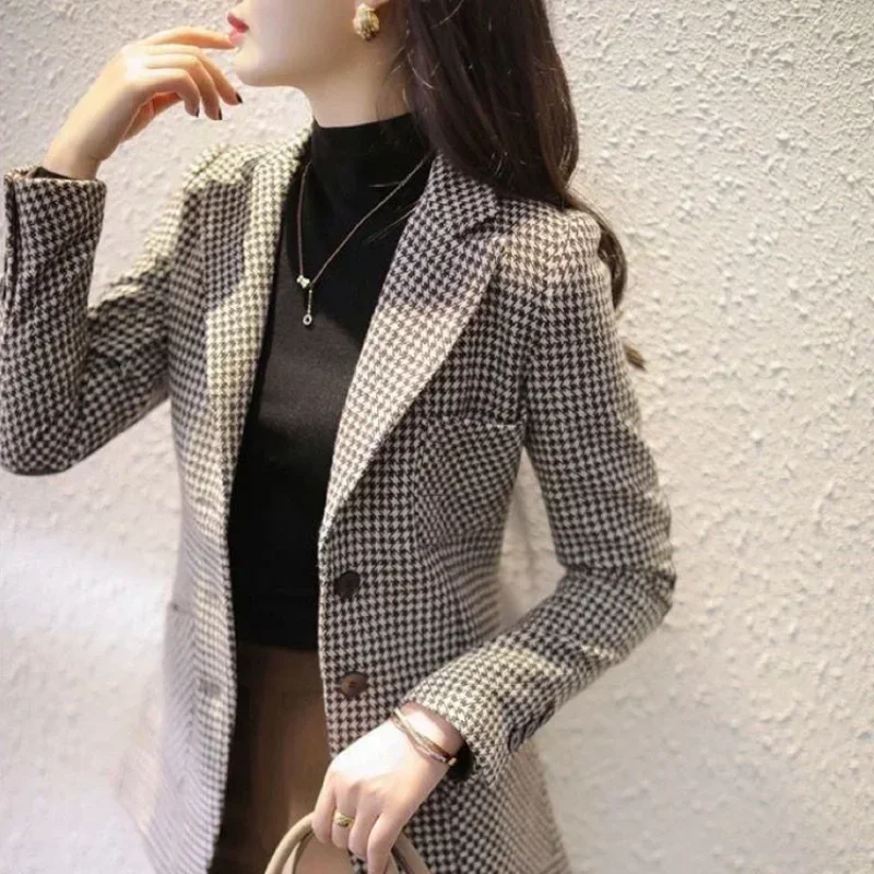 Xadrez verificação outerwears magro tweed blazer mulher fino lã & mistura casacos para mulheres ofertas moda 2025 jaqueta chique e elegante