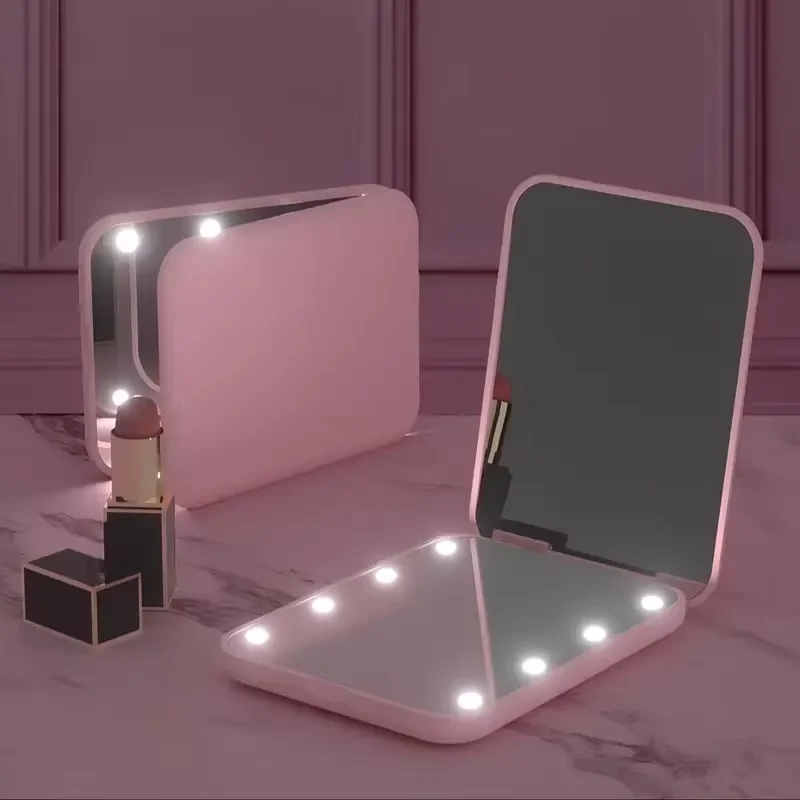 Mini Handheld Makeup Mirror 1X/3X Magnifiying Compact Folding Travel Portable With Light Makeup Pocket Mirror 8 Leds for Gifts