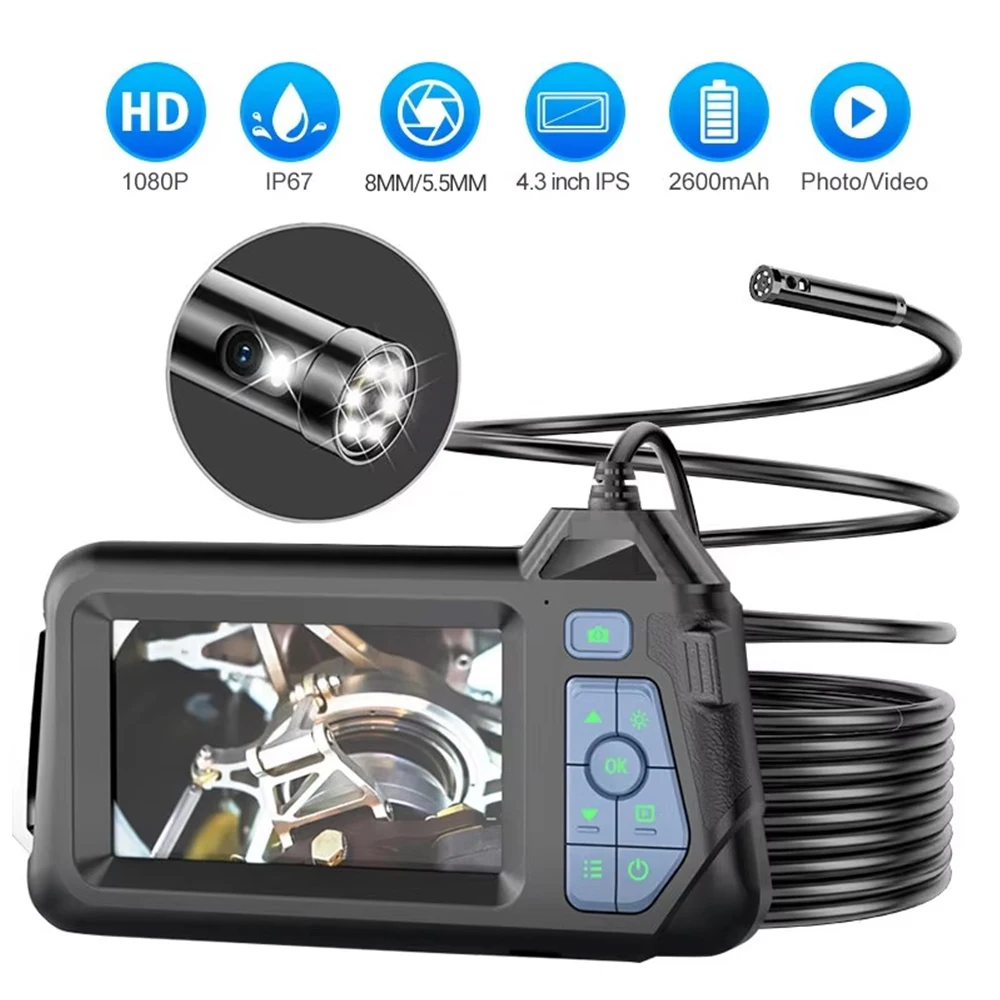 

GUANMOU Endoscope Borescope 4.3" IPS Screen IP67 Waterproof Endoscope Camera with Adjustable LED Lights Snake Plumbing Camera