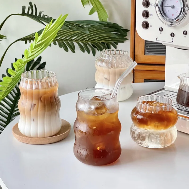 Family Water Glass Cup Set Undulating Clear Striped Design Tea Juice Milk Coffee Whiskey Wine Beer Beverage Glasses
