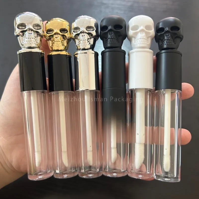 50 pz vuoto unico teschio nero oro nastro scheletro superiore trasparente lucidalabbra tubo contenitore per imballaggio per Halloween con bacchette 5 ml