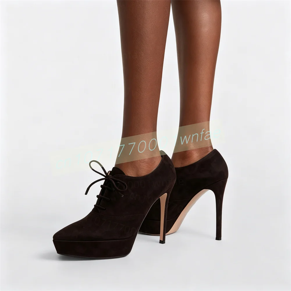 Women Dark Brown Suede Platform Ankle Pumps Pointed Toe Lace Up Stiletto High Heels Vintage Dress Shoes Office Heeled Footwear