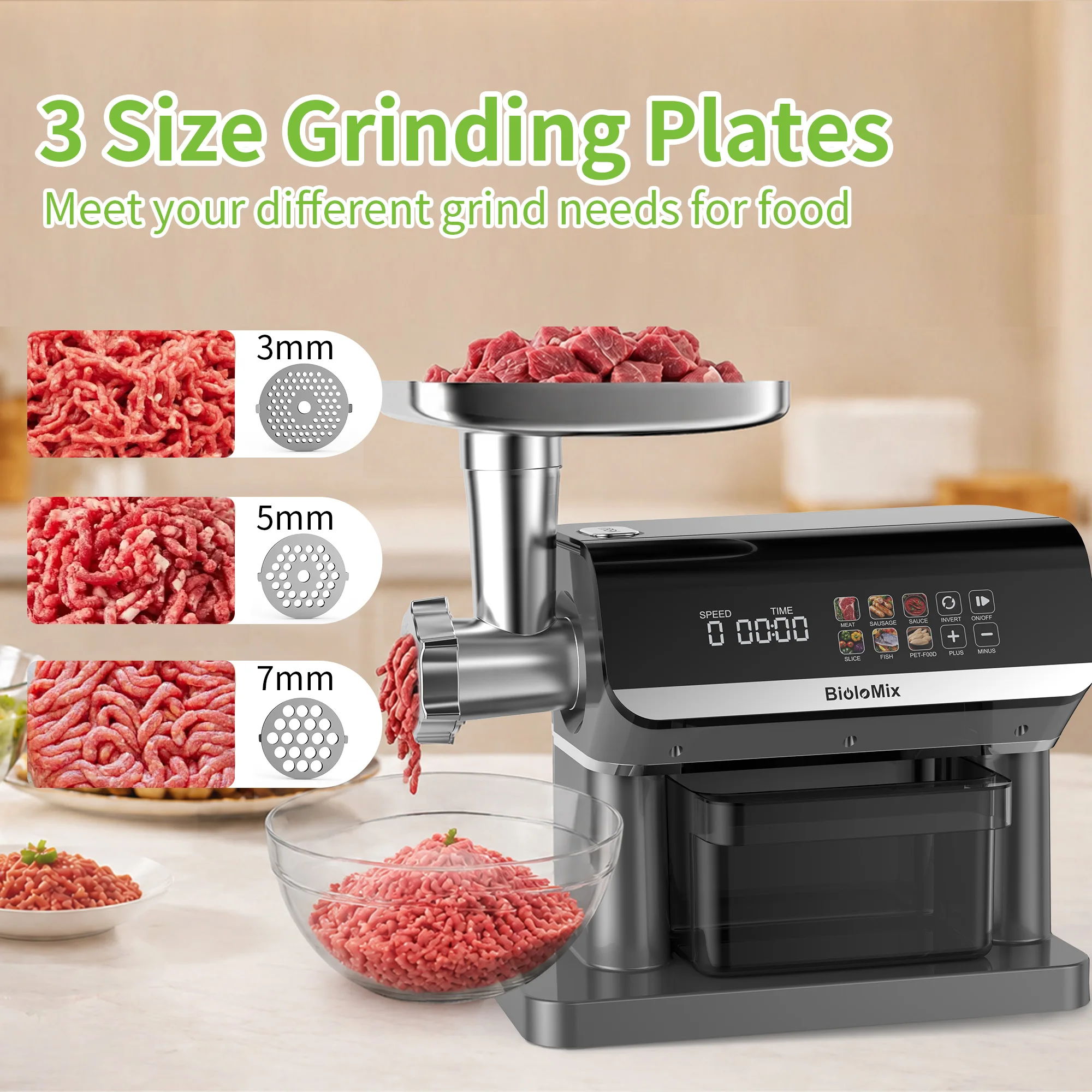 BioloMix 1600W 6-in-1 Meat Grinder – Touch Screen Presets, Auto-Reverse, Perfect for Grinding, Sausage and Kibbe Making