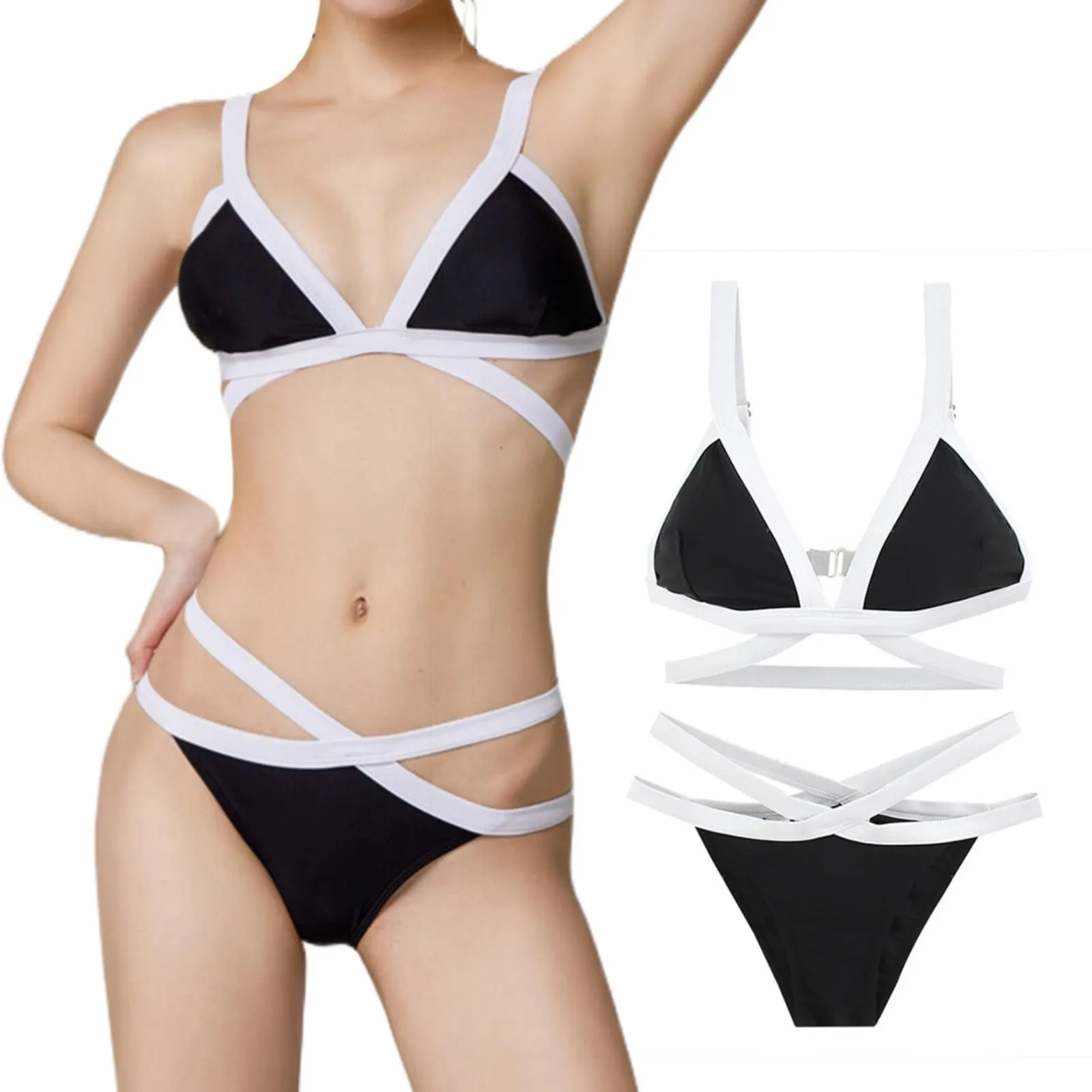 

Separate Swimsuit Female Triangle Black White Color Matching Sexy Suit Bikini