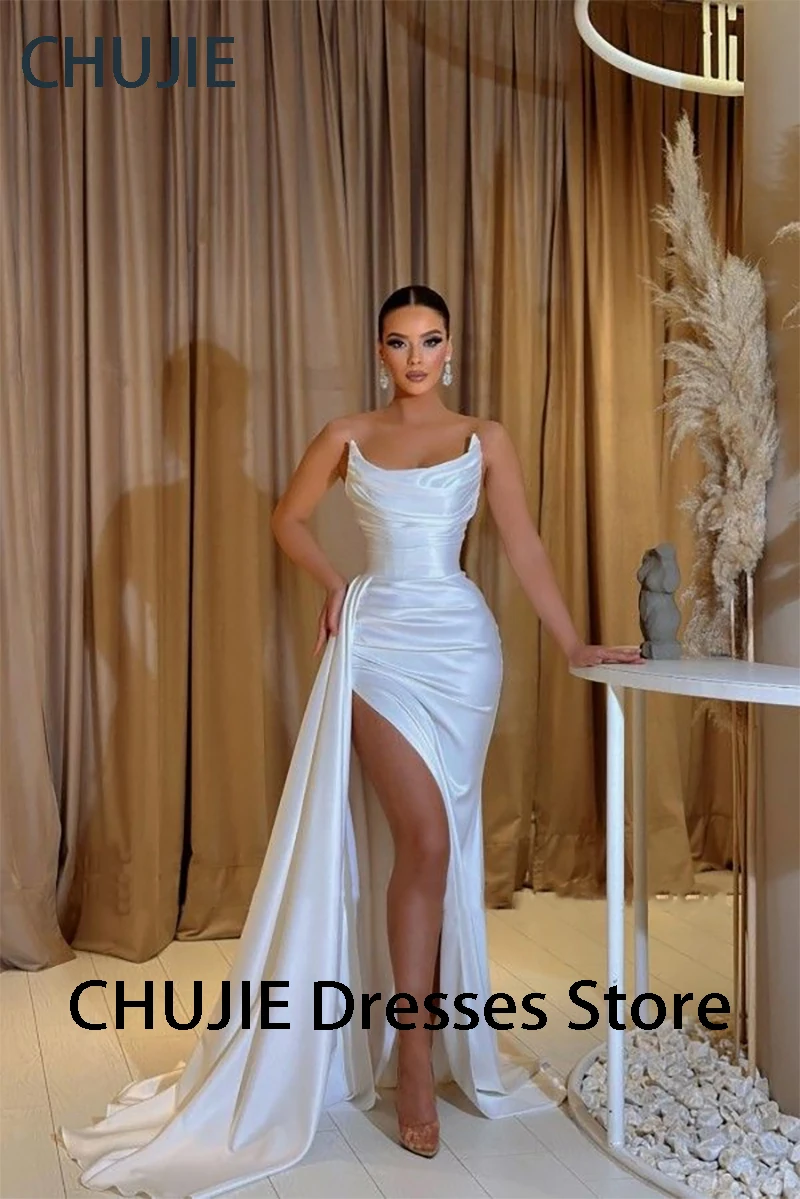 High Split White Satin Prom Dresses Woman Evening Dress Mermaid Mermaid Cocktail Party Gowns Vestidos De Gala فساتين الحفلات