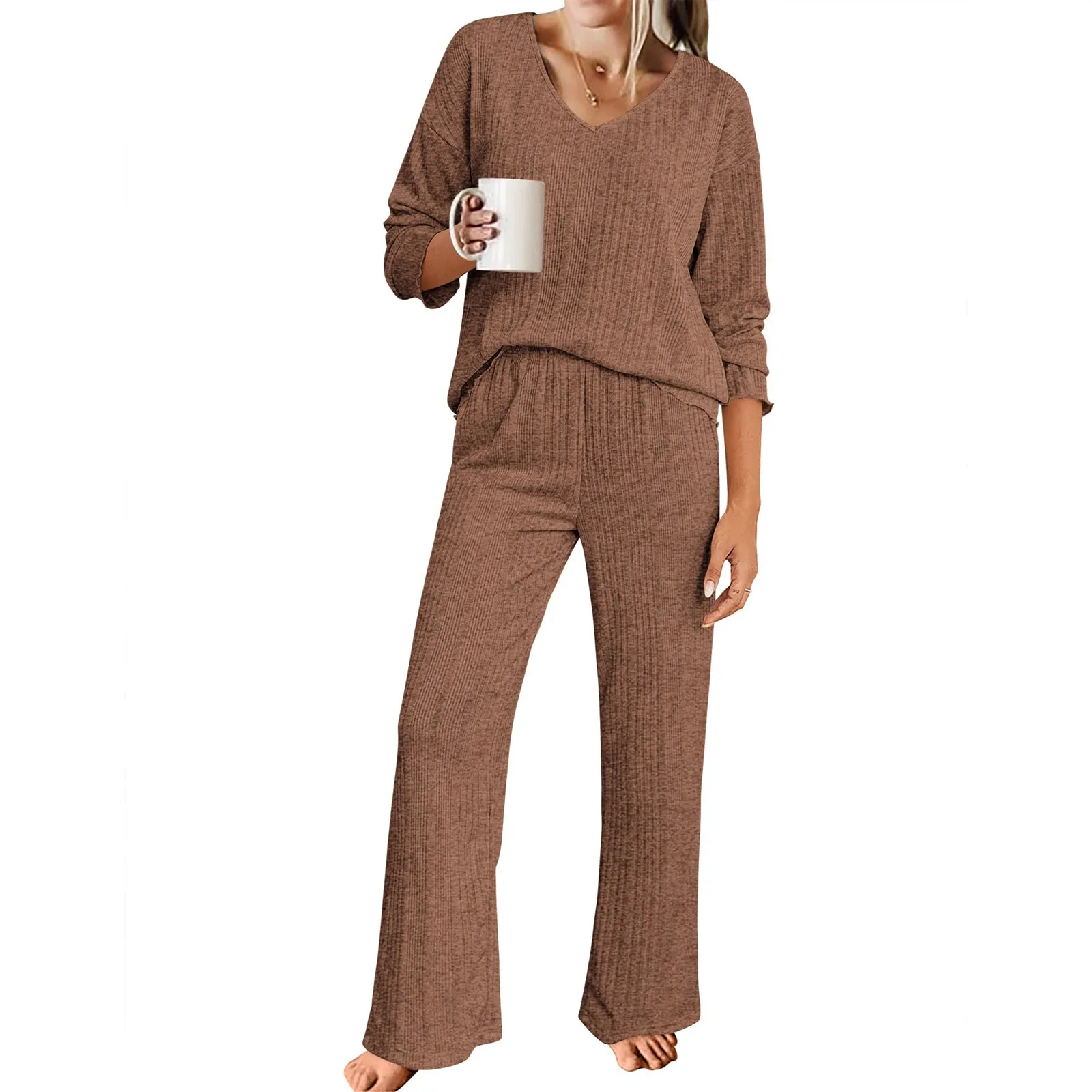 Womens Ribbed Knit Pajamas Set V Neck Long Sleeve Pj Set Matching Outfits Top And Pant Loungewear Casual Sweatsuits 2024 Hot