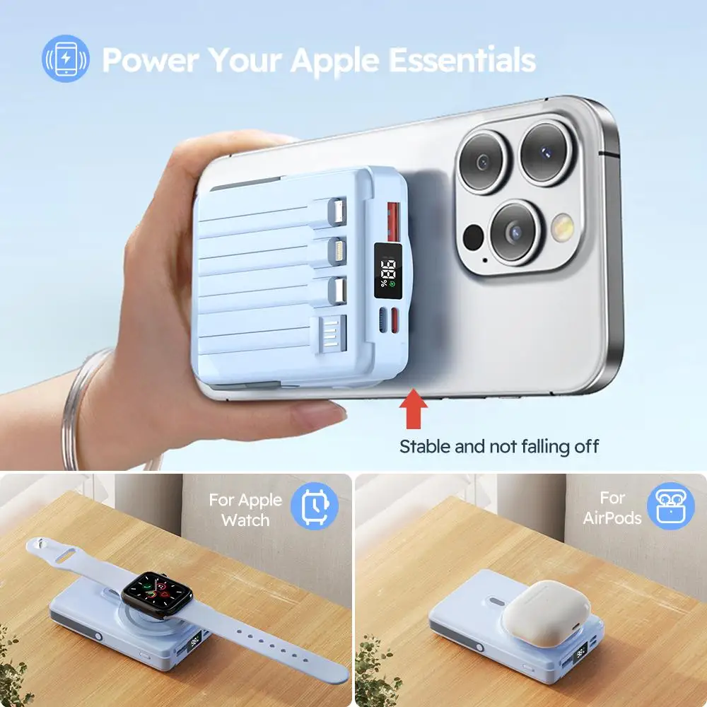 Carregador portátil de carregamento rápido sem fio magnético azul, adequado para iPhone 17 16 15 Samsung Xiaomi