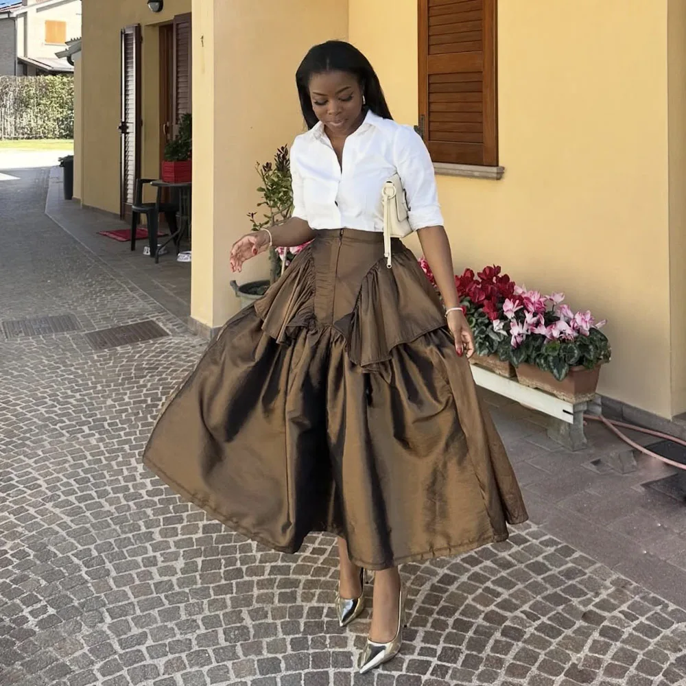 

Brown Office Lady Party Skirts Peplum Ankle Length African Women Birthday Skirt Long Maxi Evening Skirt
