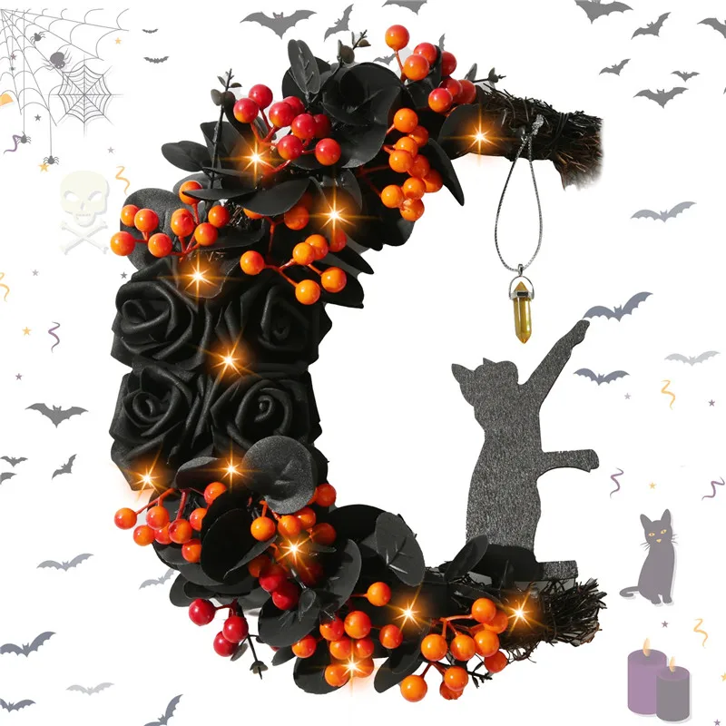 Moon Cat Wreath With Flowers And Door Decoration Halloween Moon Cat Home Decor Gift Halloween Party Decorations For Cat Lovers