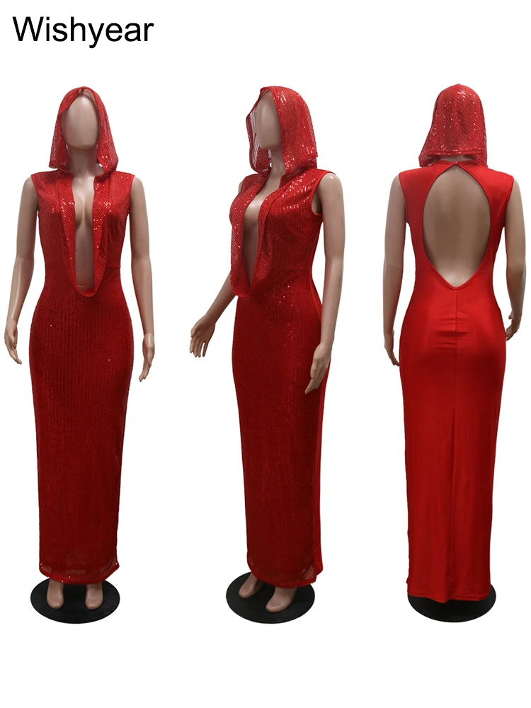 New Luxury Birthday Red Hooded Dress for Women Sexy Deep V Neck Sequins  Glitter Mesh See Through Back Open Sparkly Evening Robe - AliExpress