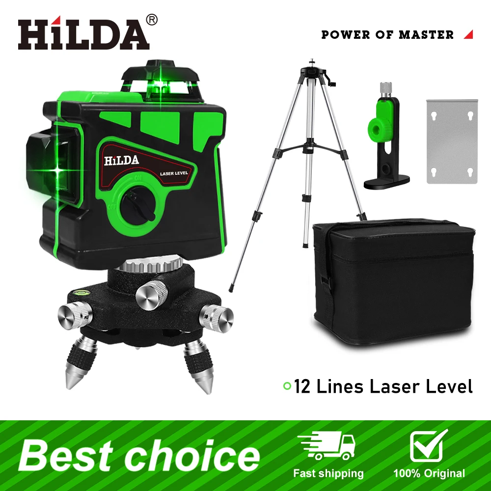 HILDA Laser Level 12 Lines 3D Level Self-Leveling 360 Horizontal And Vertical Cross Super Powerful Green Laser Level