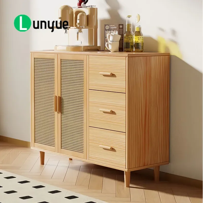 Rattan Walnut Dining Side Cabinet Modern Nordic Solid Wood Storage Wall Unit for Living Room Simple Design Locker Furniture