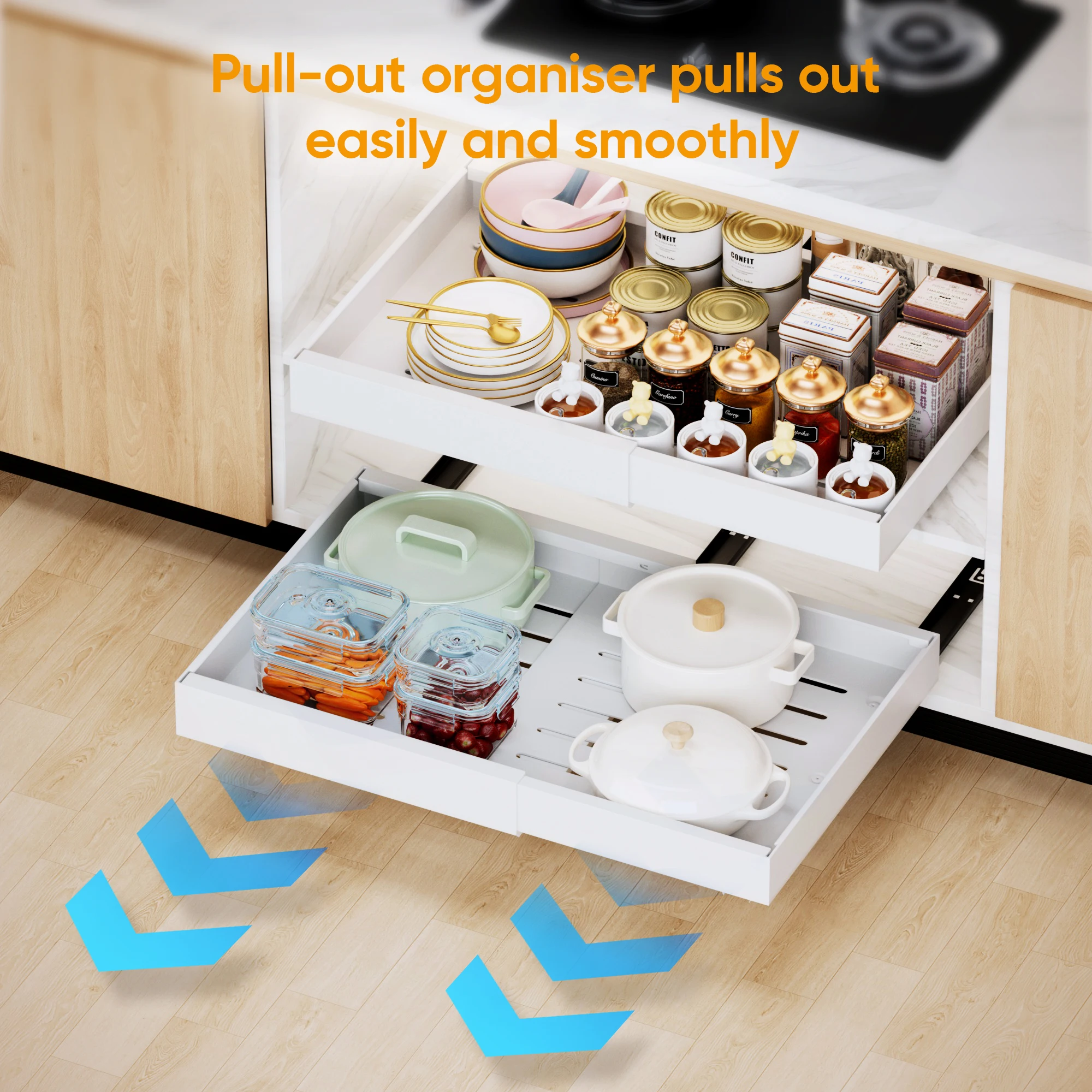 2 Pack Expandable Pull Out Cabinet Organizer Adhesive, Peel And Stick Slide Out Drawers for Kitchen Cabinets,Adjustable Width