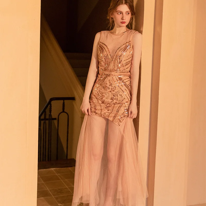 Abito da sera con paillettes a rete con perline retrò Abito da ballo formale senza maniche per ballo di fine anno Abito lungo sexy senza schienale Festa scintillante