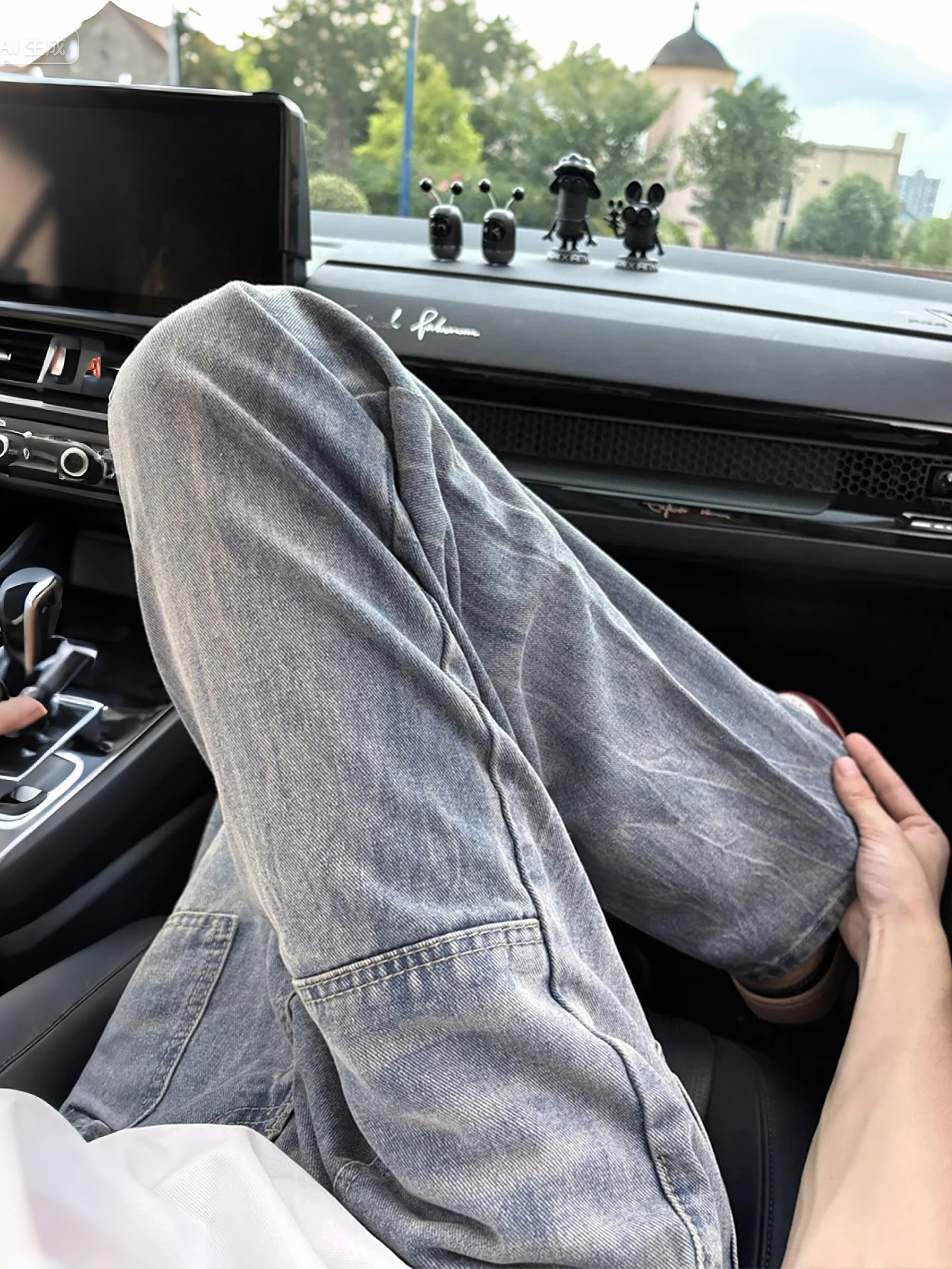 

Waed Blue Straight Leg Men's Jeans Summer Lightning Pattern American High Street Vibe Multiple kets Micro Flare Workwear