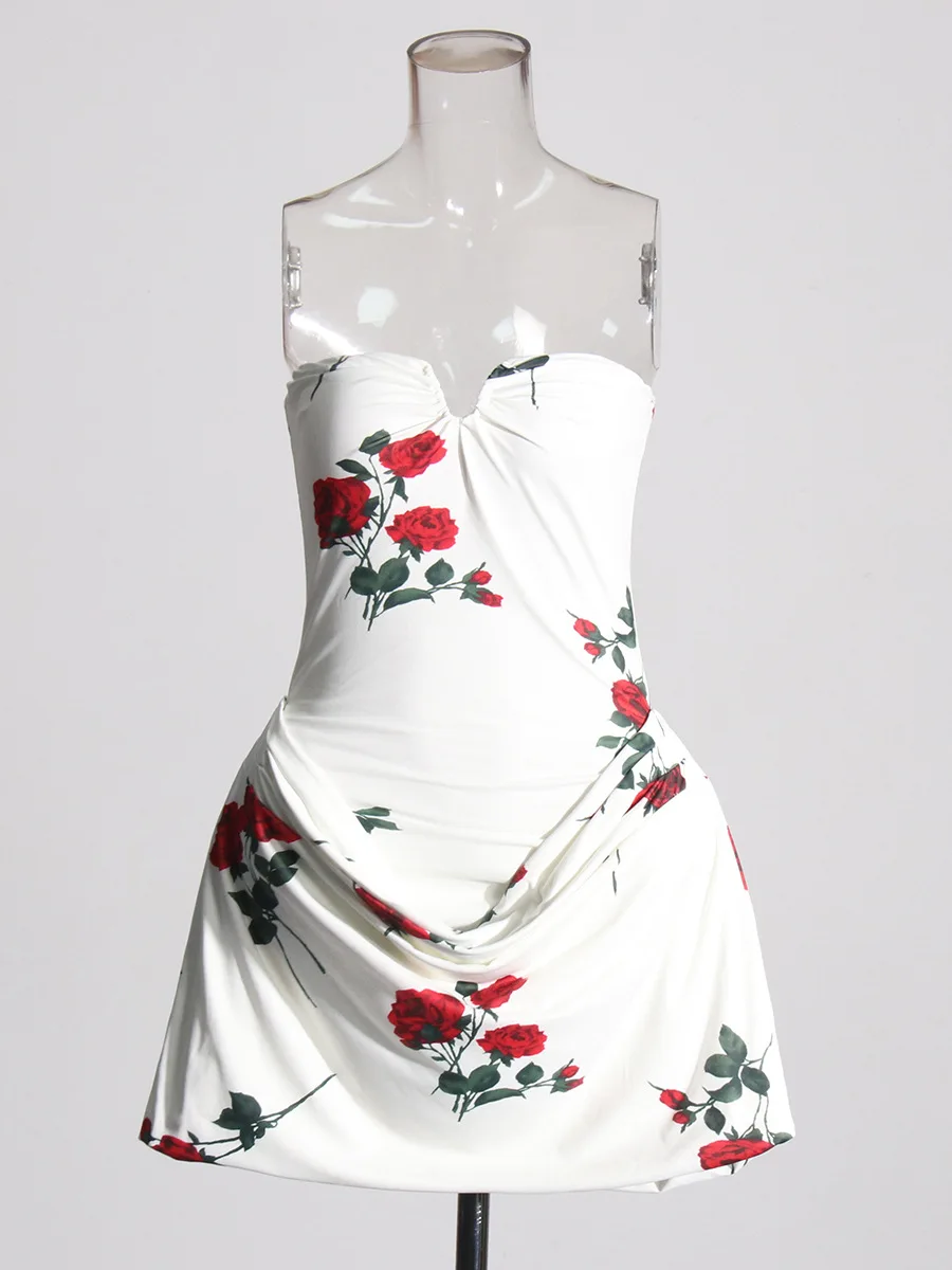  2026 Spring New Ladies'Sexy Fishbone Splicing, Rose Pattern, Sleeveless and Collarless Hip hugging Dress for Prom or Party