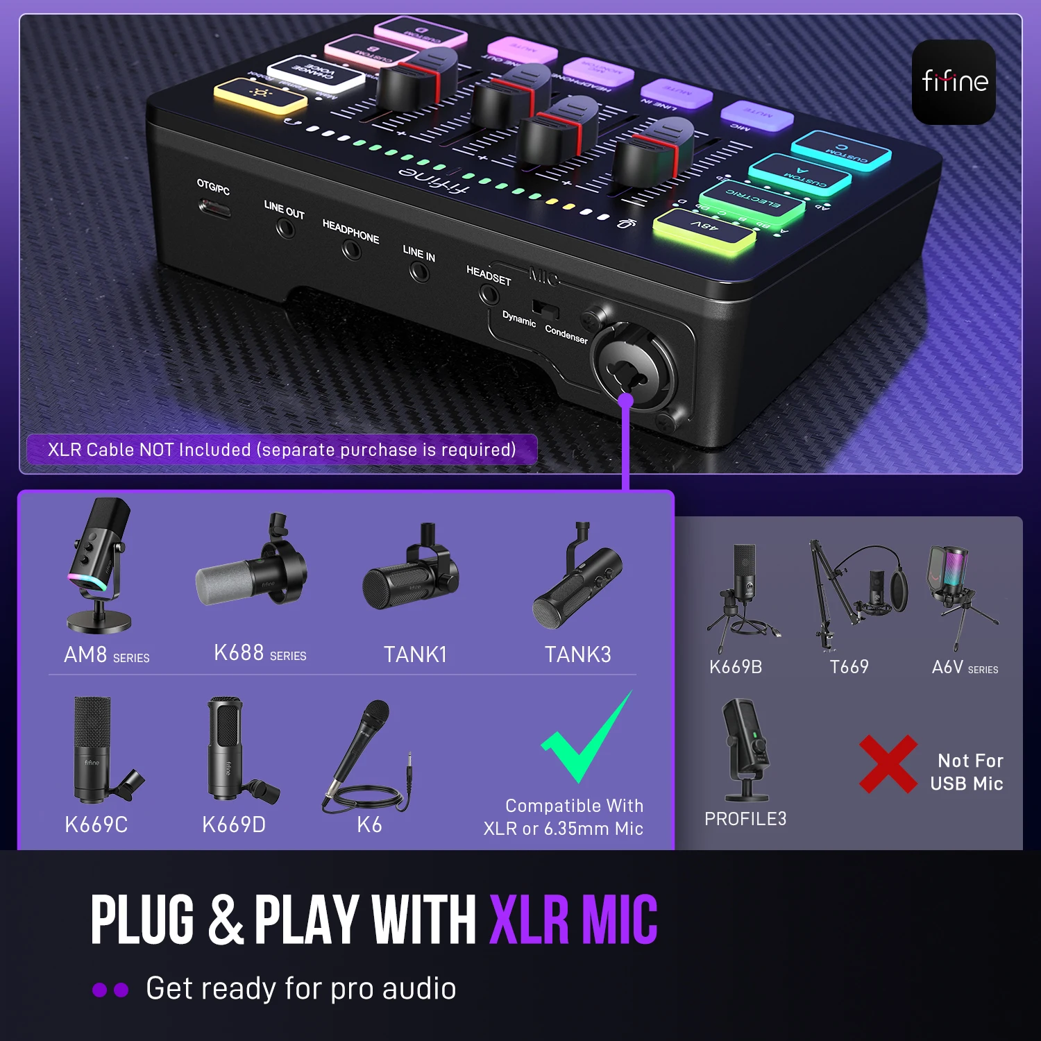 FIFINE SC3 4-Channel RGB Audio Mixer with K688 XLR/USB Dynamic