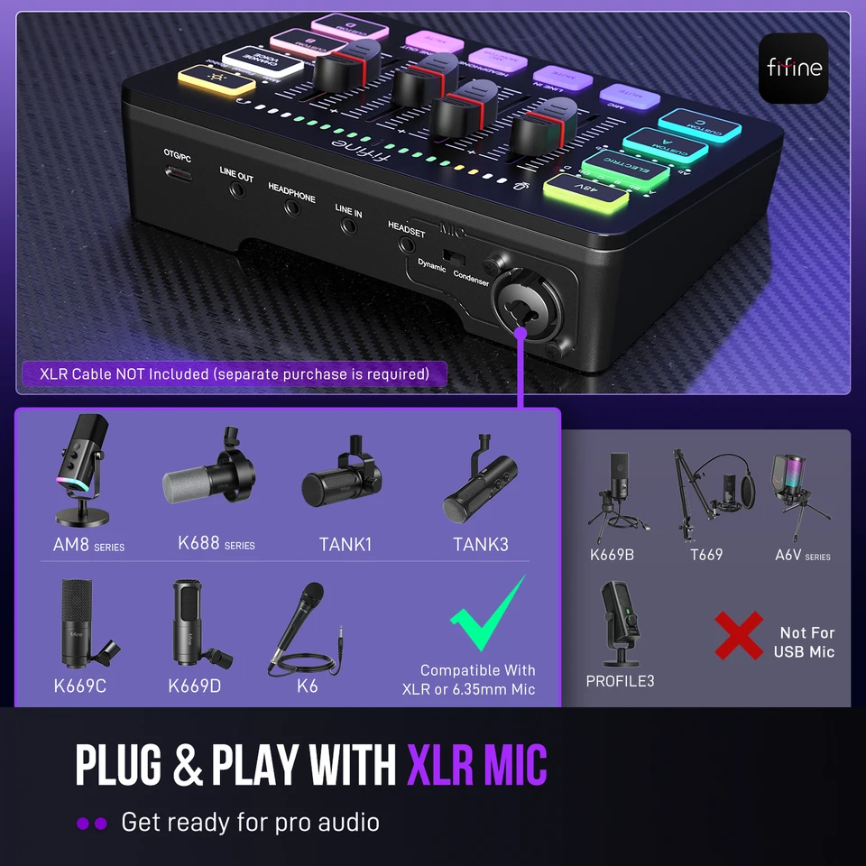 FIFINE SC3 4-Channel RGB Audio Mixer with K688 Microphones