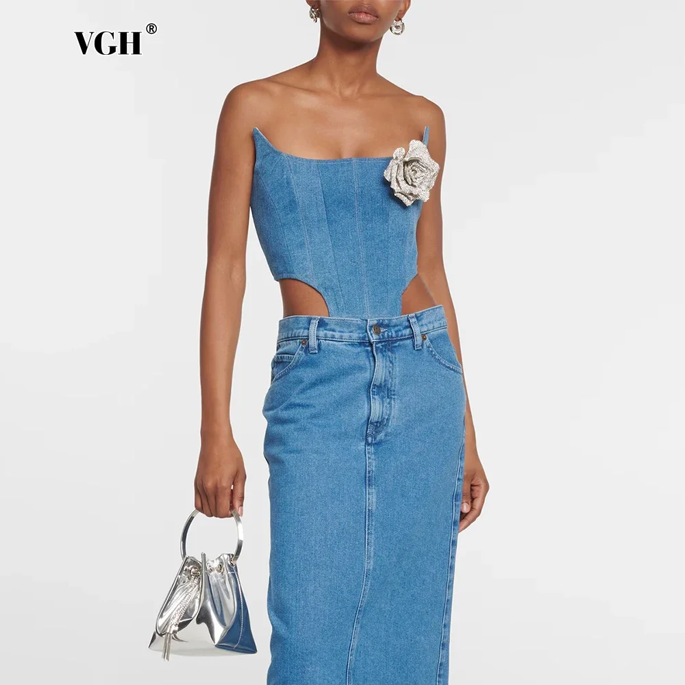 

VGH Spliced Denim Irregular Tank Tops for Women Strapless Sleeveless Patchwork Appliques Slimming Sexy Vest Female Fashion 2025