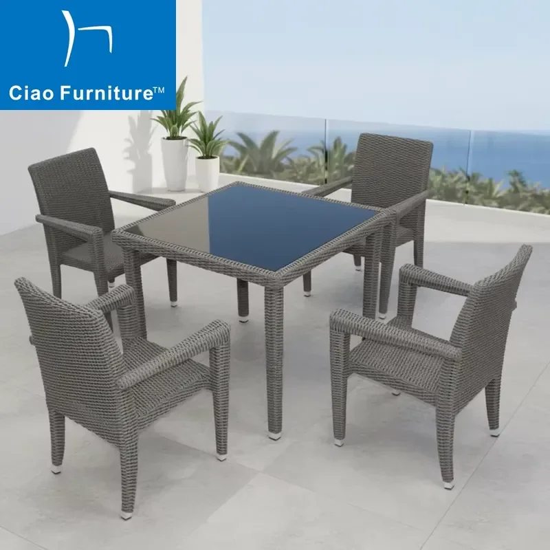 2026 Hot Sell Restaurant Garden Furniture Terrace 4 Seater PE Rattan Outdoor Chair and Square Dining Table Set