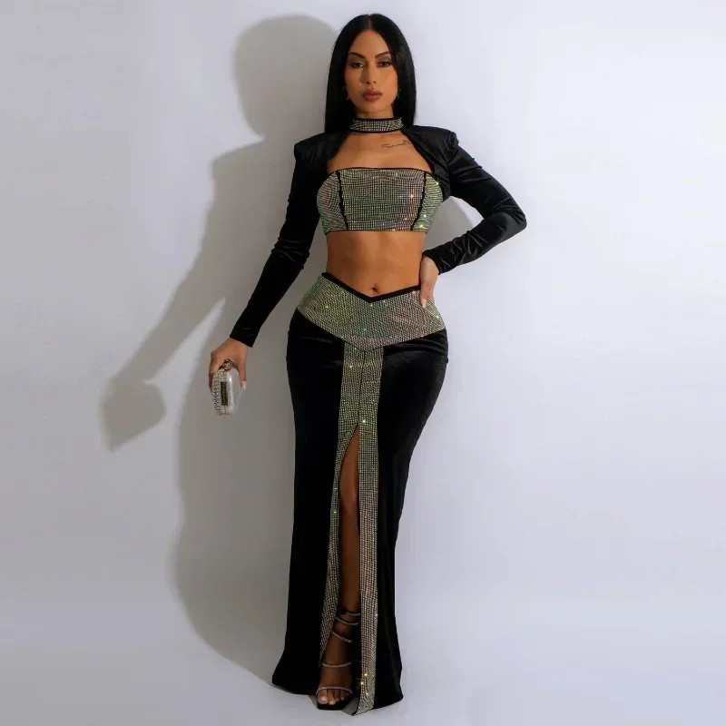 

GUWU Women Diamonds Velvet High Slit Mermaid Trumpet Maxi Long Skirt Suit and Crop Top Evening Rhinestones Sexy Two Piece Set