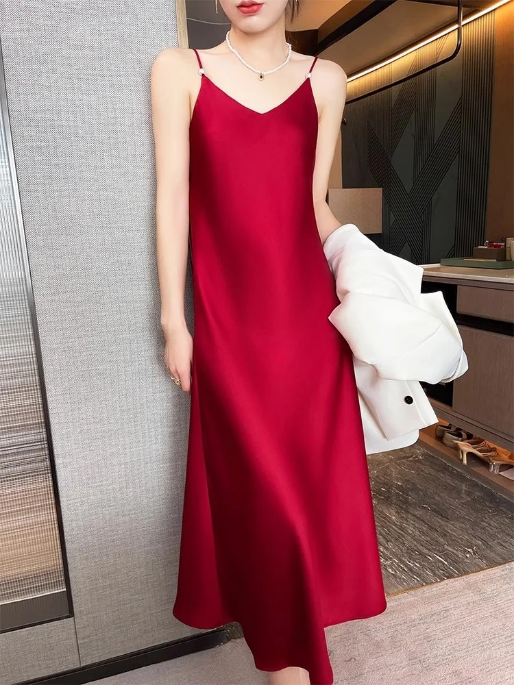 Red Acetate Satin ter Dr Women's 2025 New Sle Suit Inner Wear Long Dr High Waist A-Line Skirt V-Ne Svel