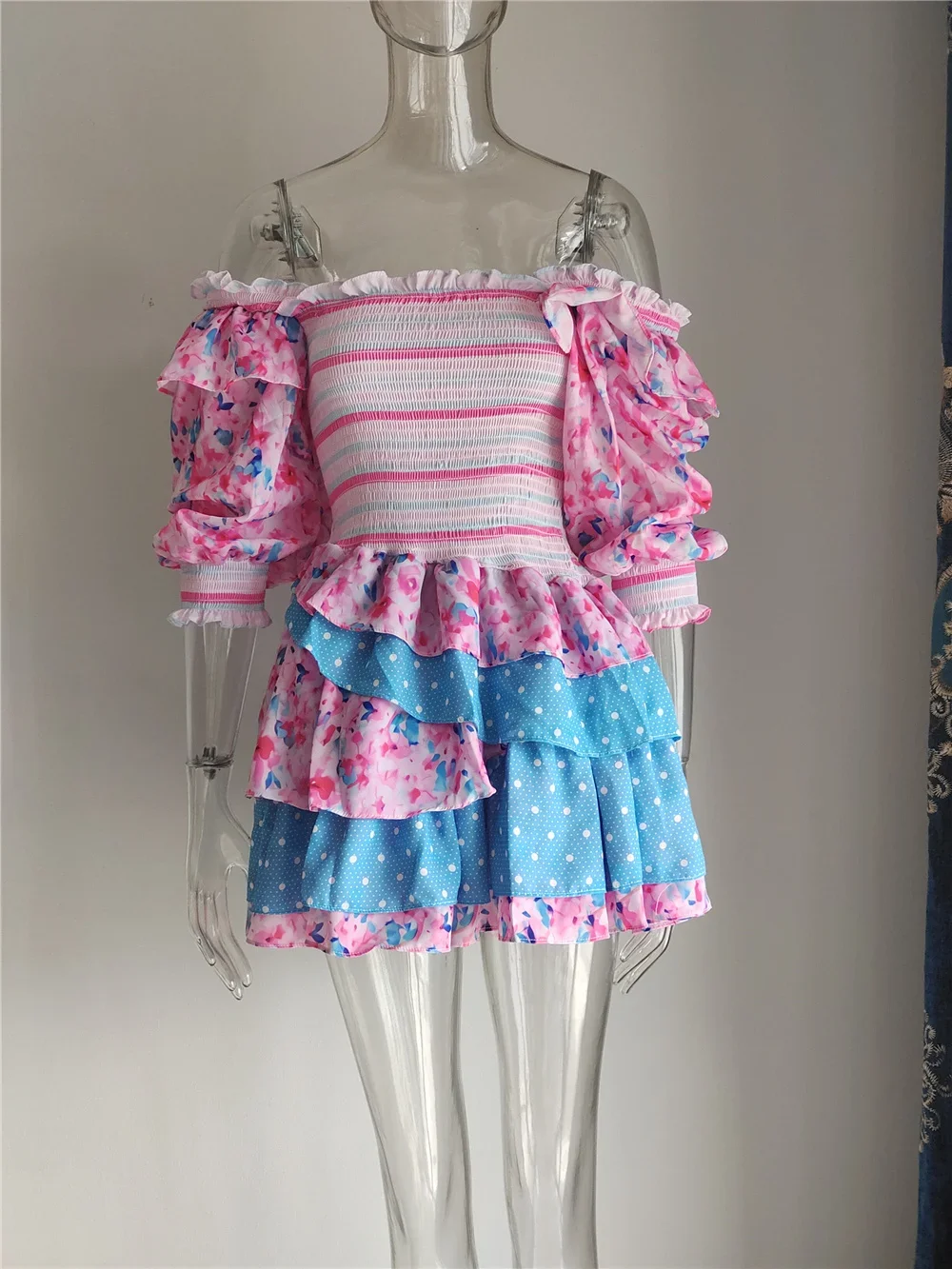 Mùa Hè 2022 Hỗn Hợp Họa Tiết In Hoa Xù Lông Ngày Lễ Đầm Cổ Vuông Smocked Gợi Cảm Laides Đầm Mini