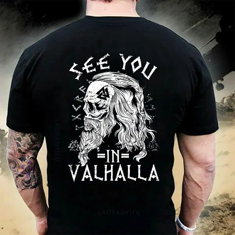 American Beard Warrior Tactical Skull Unisex T Shirt Til Valhalla Cotton T-Shirt Short Sleeve O-Neck T-shirt Casual Men’s Top