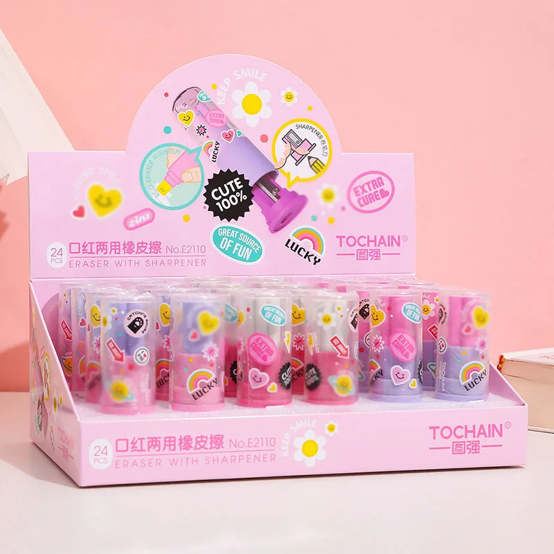 

24 pcs/lot Creative Lipstick Pencil Eraser Sharpener Cute Writing Drawing Rubber Erasers Stationery Gifts School Supplies