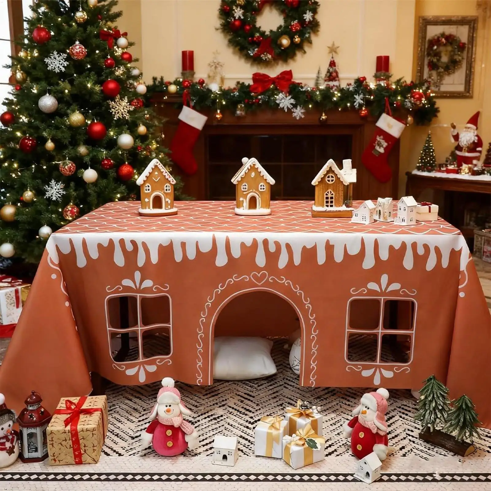 Gingerbread House Christmas Tablecloth Reusable Farmhouse Holiday Decor for Dining Kitchen Party Festival Table 47x59/59x71 inch