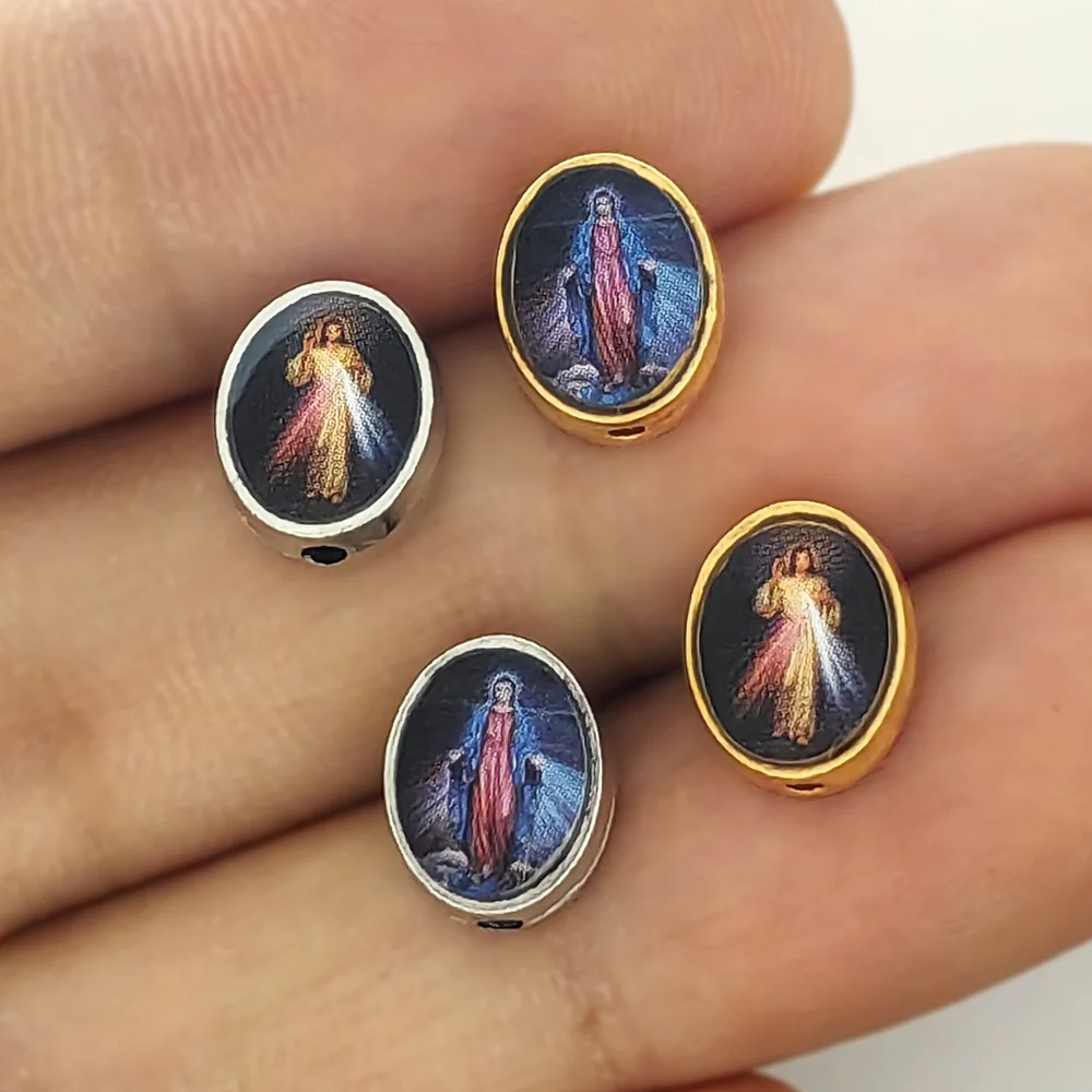 30 pièces/lot Perles ovales de chapelet Vierge Marie Divine Miséricorde 10x8mm, perles intercalaires religieuses pour la fabrication de colliers, bracelets et bijoux DIY